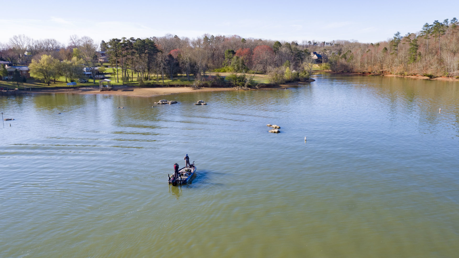 Drone shot of bass boat in the lake at the 2019 Bassmaster Classic