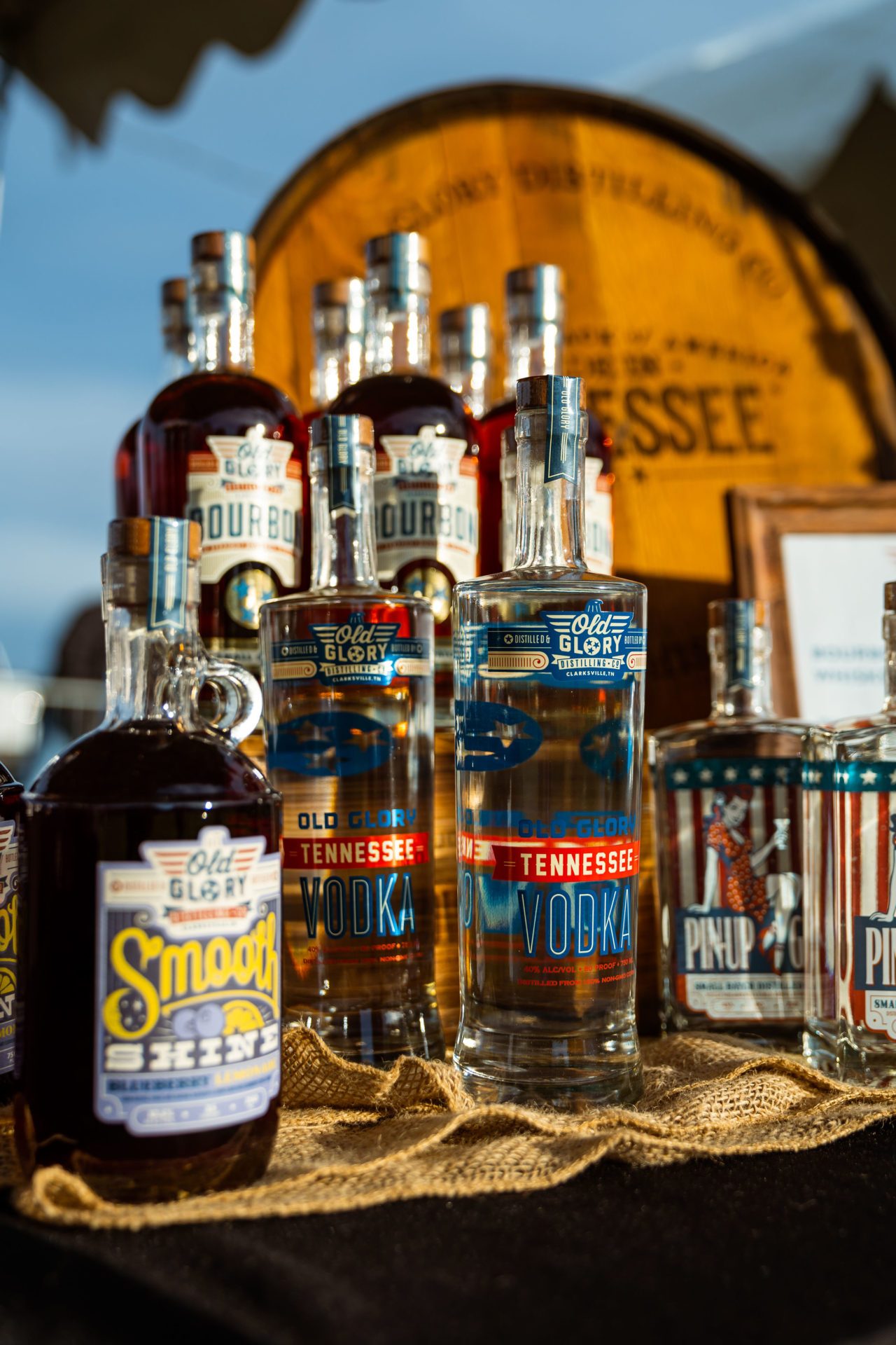 Close-up event photography of bottles of Old Glory liquor.