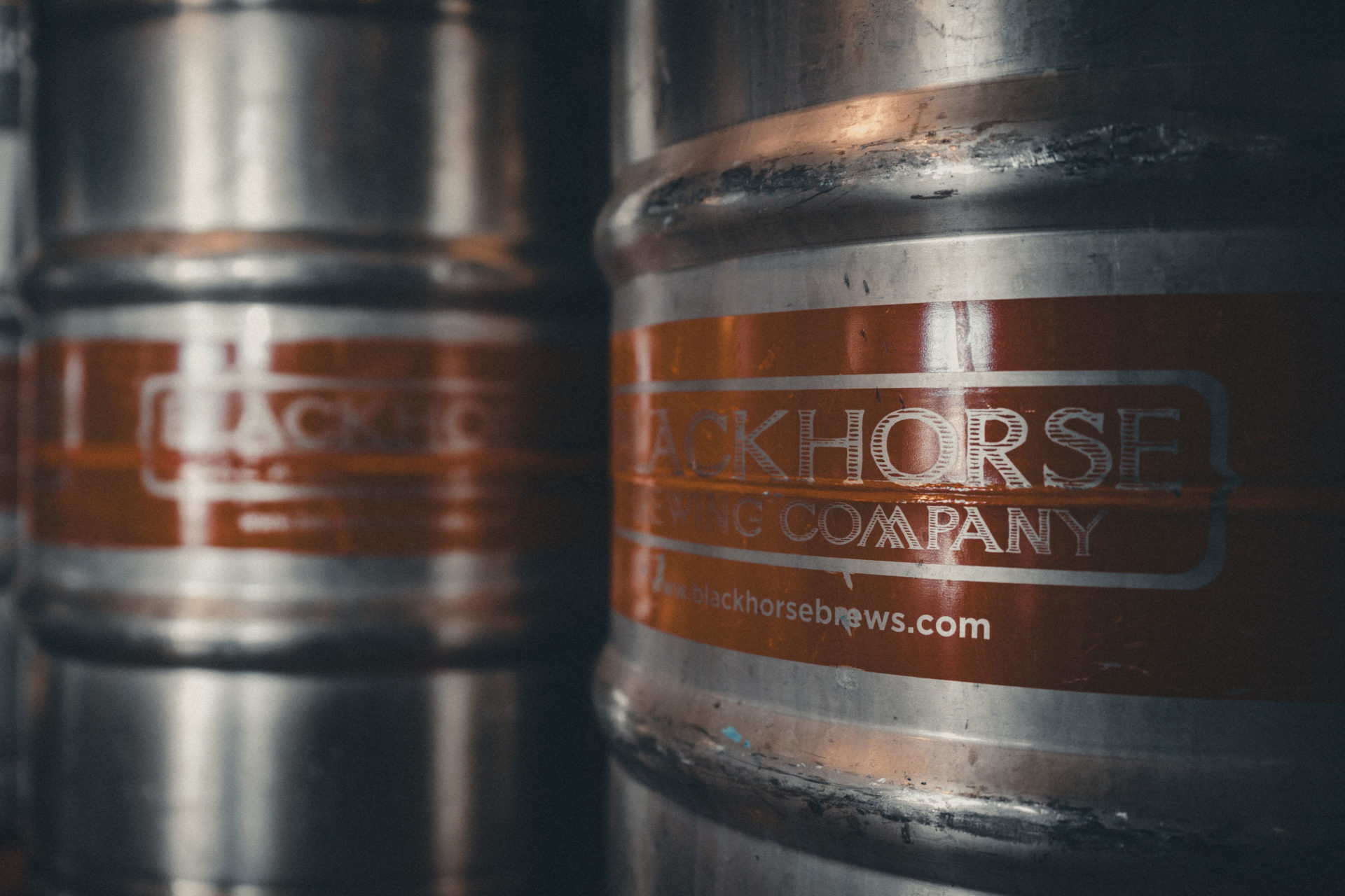Close-up commercial photography of two aluminum kegs at Blackhorse Pub and Brewery in Knoxville, TN.