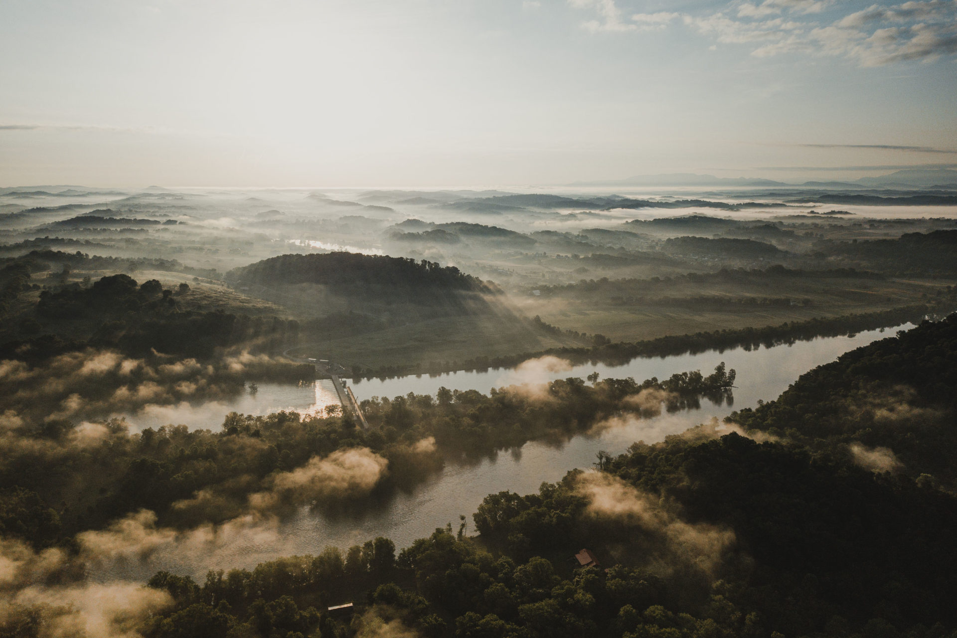 Drone photography of the French Broad River in East Tennessee.