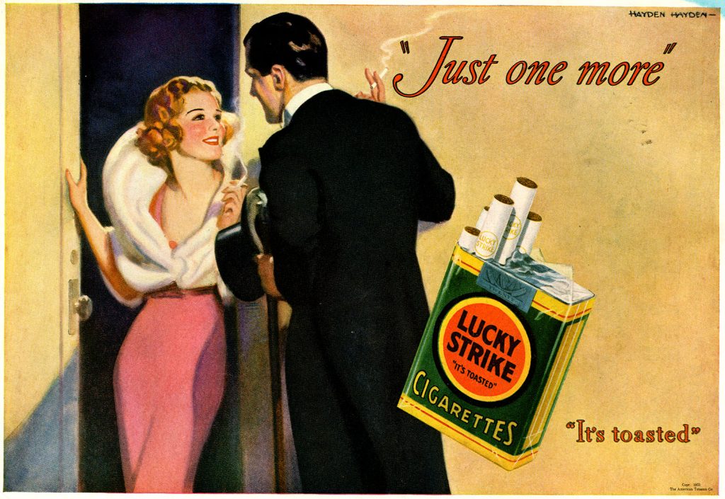 A vintage cigarette ad for Lucky Strike showing a woman in a doorway leaving and a man leaning toward her with the text "Just one more"