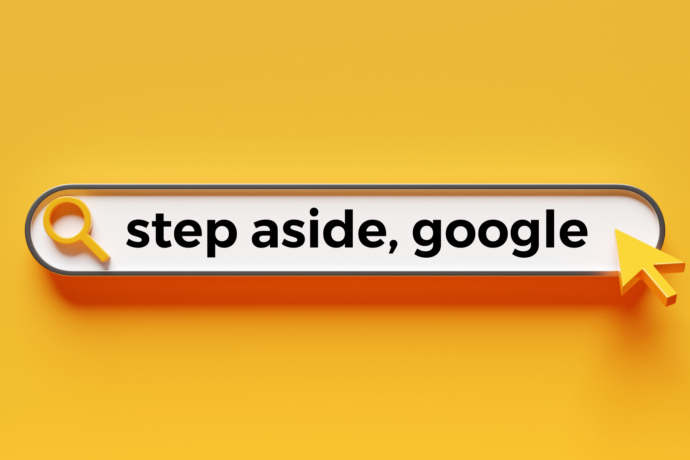A google search bar on a yellow background with the search query saying "step aside, google"