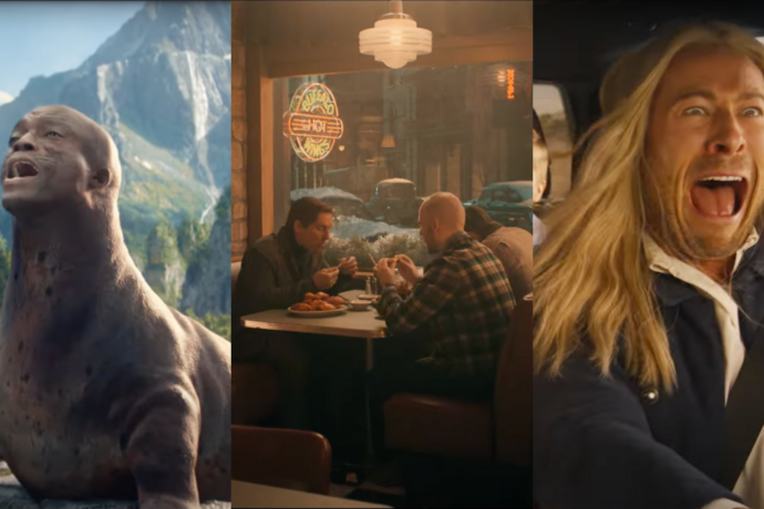 "A three-panel collage of scenes from Super Bowl commercials. The left panel features a CGI sea lion with the face of singer Seal, singing dramatically on a scenic beach with mountains in the background. The middle panel shows two men in a retro-style diner eating hot wings, with a snowy street visible outside through a window with a neon sign. The right panel captures a long-haired man in a historical-looking outfit screaming in shock while driving a car at high speed.