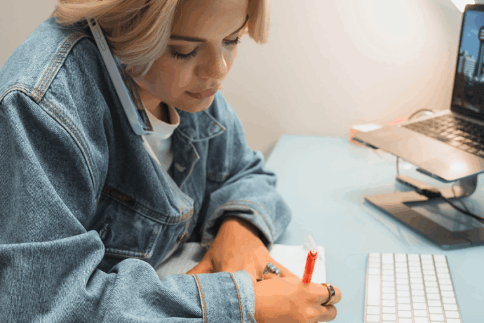 A woman wearing a denim jacket working at a social media agency multitasks at her desk, holding a phone between her ear and shoulder while writing notes with a red pen. A laptop and keyboard are on the desk in front of her.
