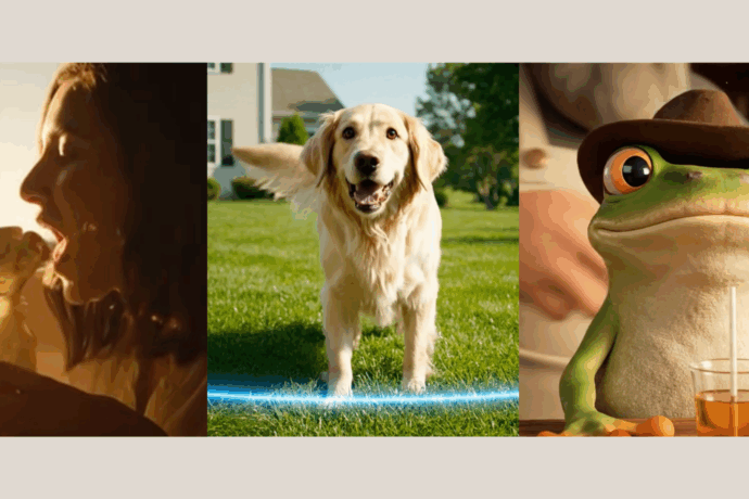 Three-panel image featuring quirky scenes from AI-generated videos: a woman eating mayonnaise directly from a jar in dramatic golden-hour lighting, a golden retriever running across a lawn with a glowing blue line representing an invisible fence, and an animated frog wearing a cowboy hat sitting at a bar with a drink.